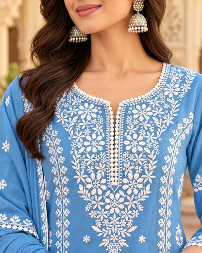 Powder blue cotton kurta with white chikankari-style embroidery