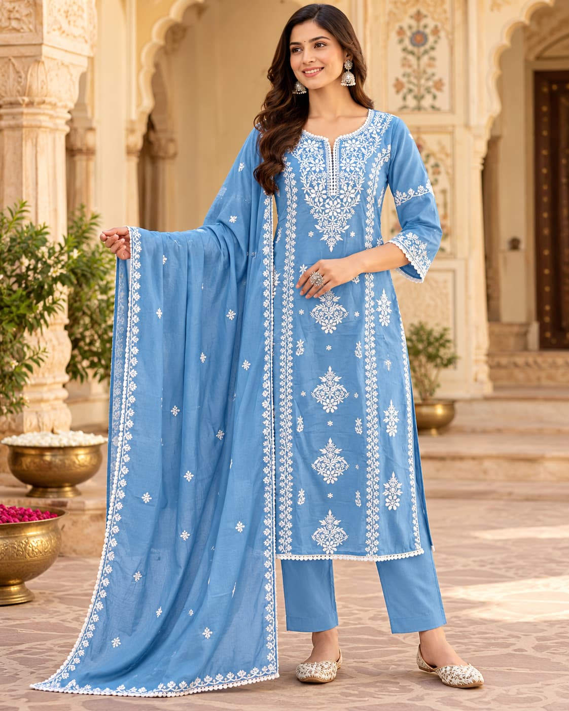 Aasmani powder blue chikankari-style kurta set with dupatta by Odhanibymann