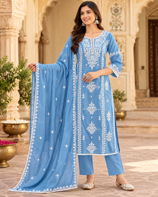 Aasmani powder blue chikankari-style kurta set with dupatta by Odhanibymann