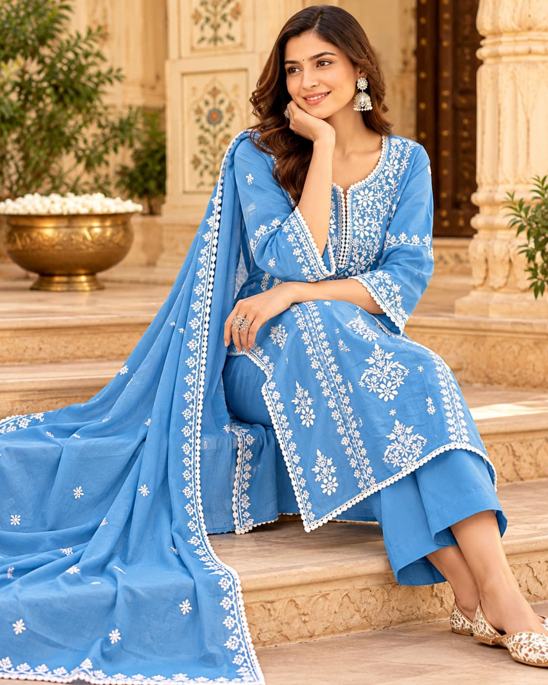 Bell sleeve with crochet lace trim and sequin accents on a powder blue kurta