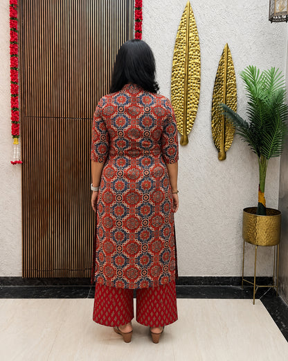 Maroon and navy heritage print cotton kurta palazzo set for office and festive wear