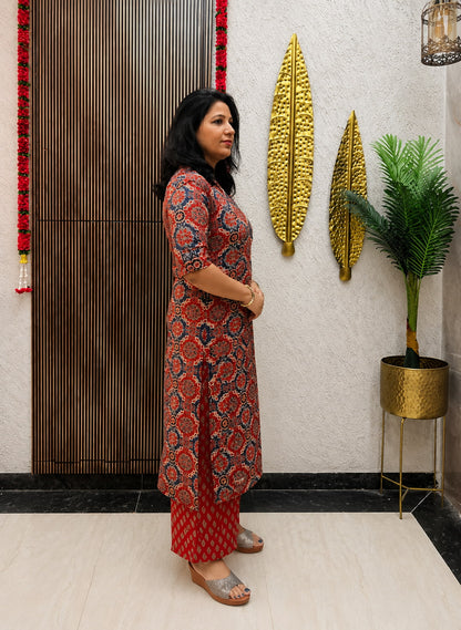 Maroon printed cotton kurta with coordinated printed palazzo