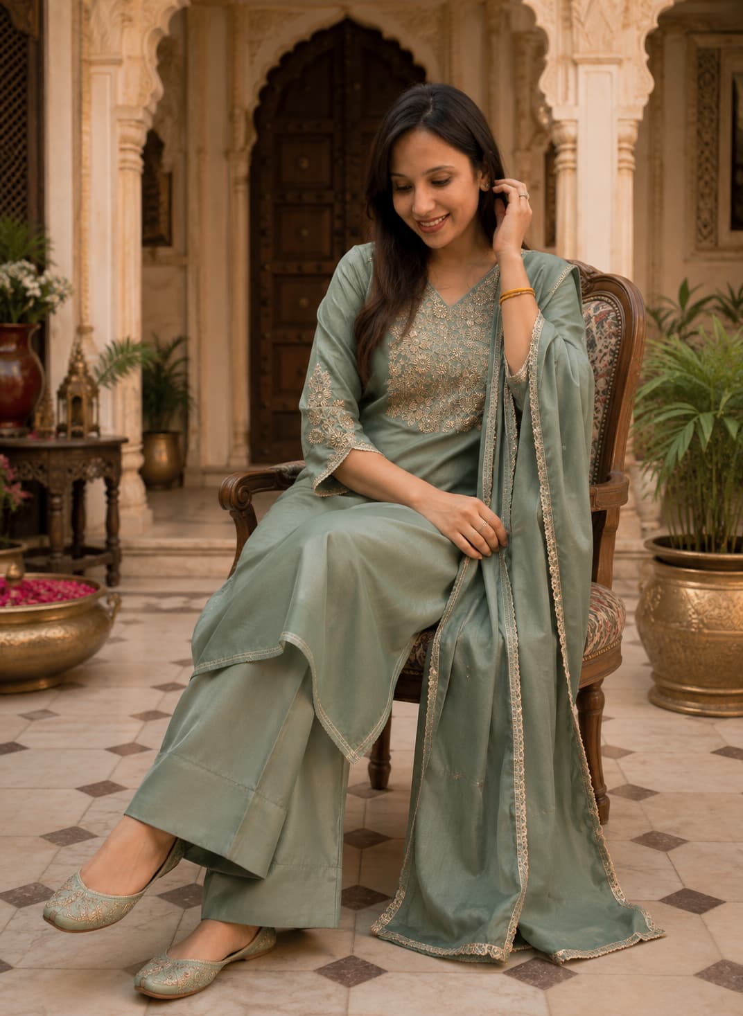 Sage green kurta set styled for a wedding function with jhumkas