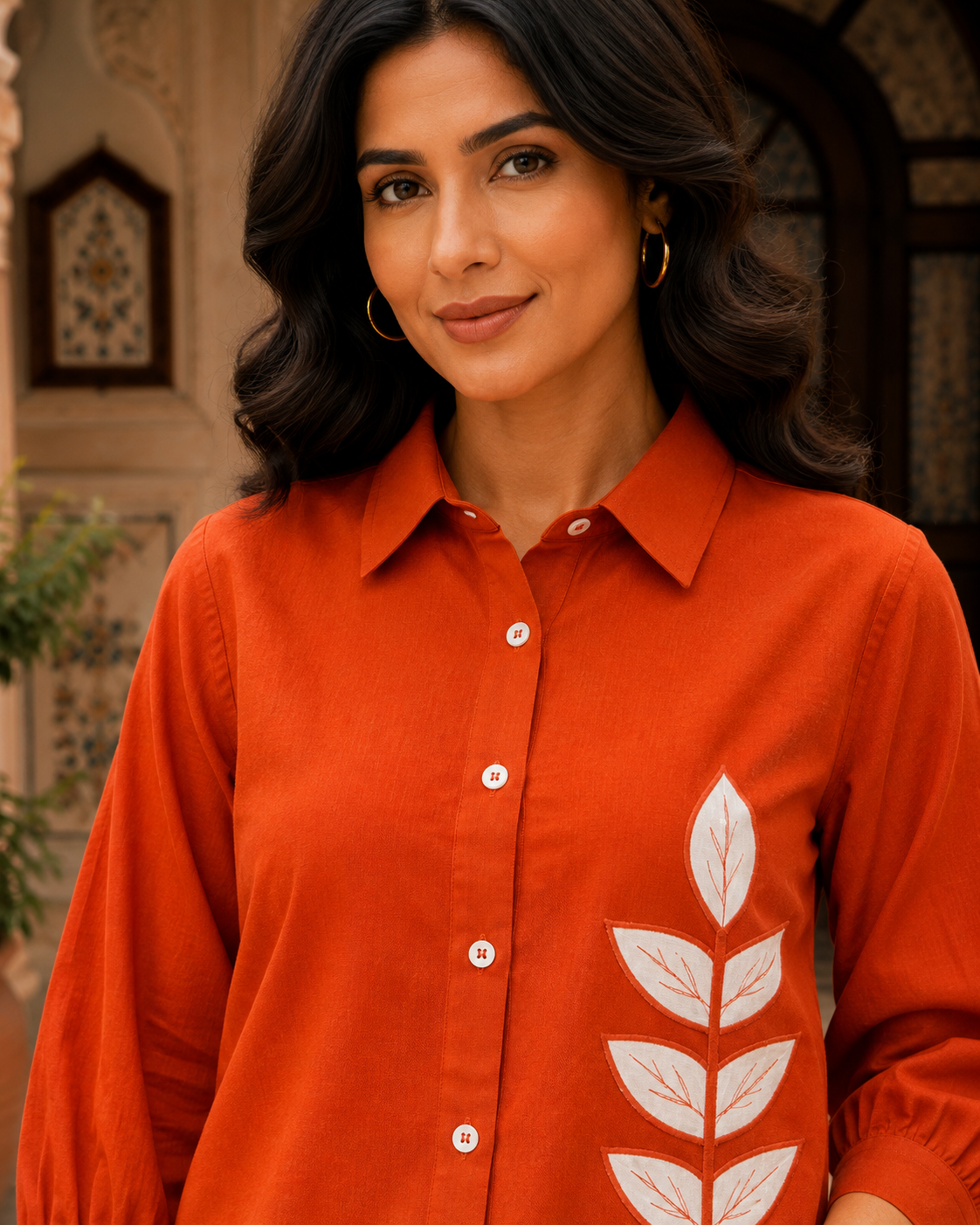 Aarohi Rust Leaf Appliqué Cotton Top