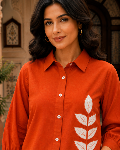 Aarohi Rust Leaf Appliqué Cotton Top