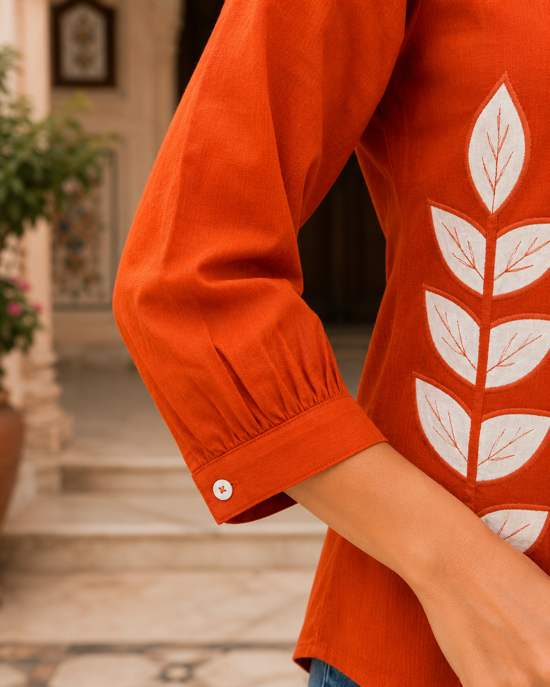 Aarohi Rust Leaf Appliqué Cotton Top