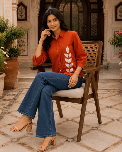 Aarohi Rust Leaf Appliqué Cotton Top