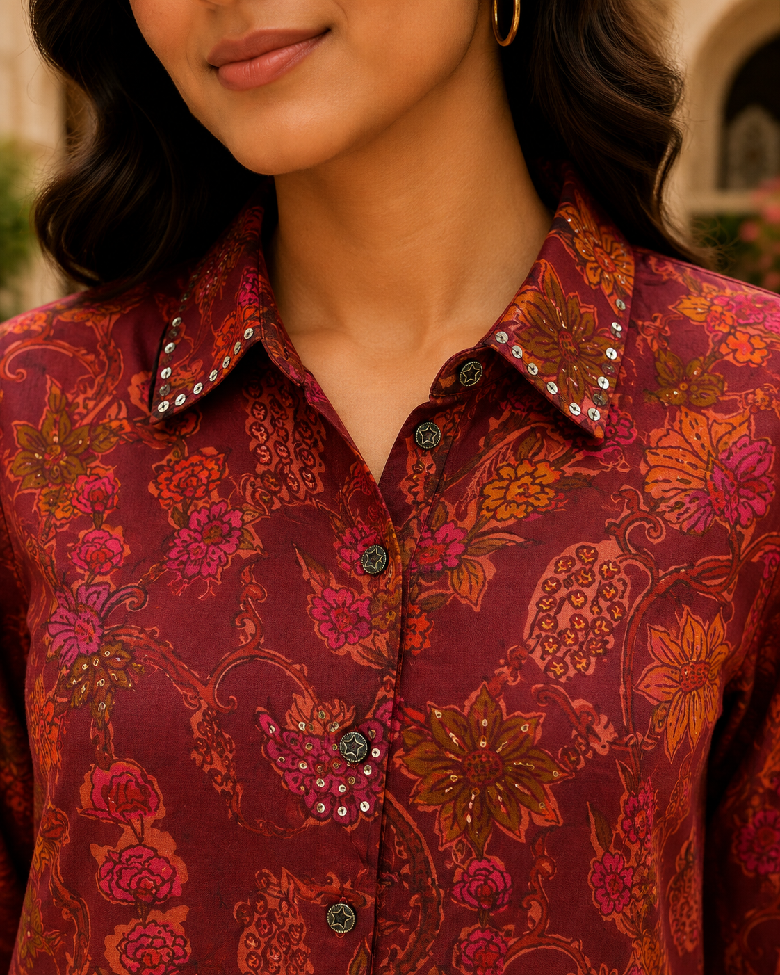 Gulnaar Burgundy Floral Printed Crepe Tunic
