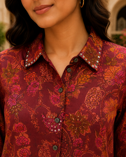 Gulnaar Burgundy Floral Printed Crepe Tunic
