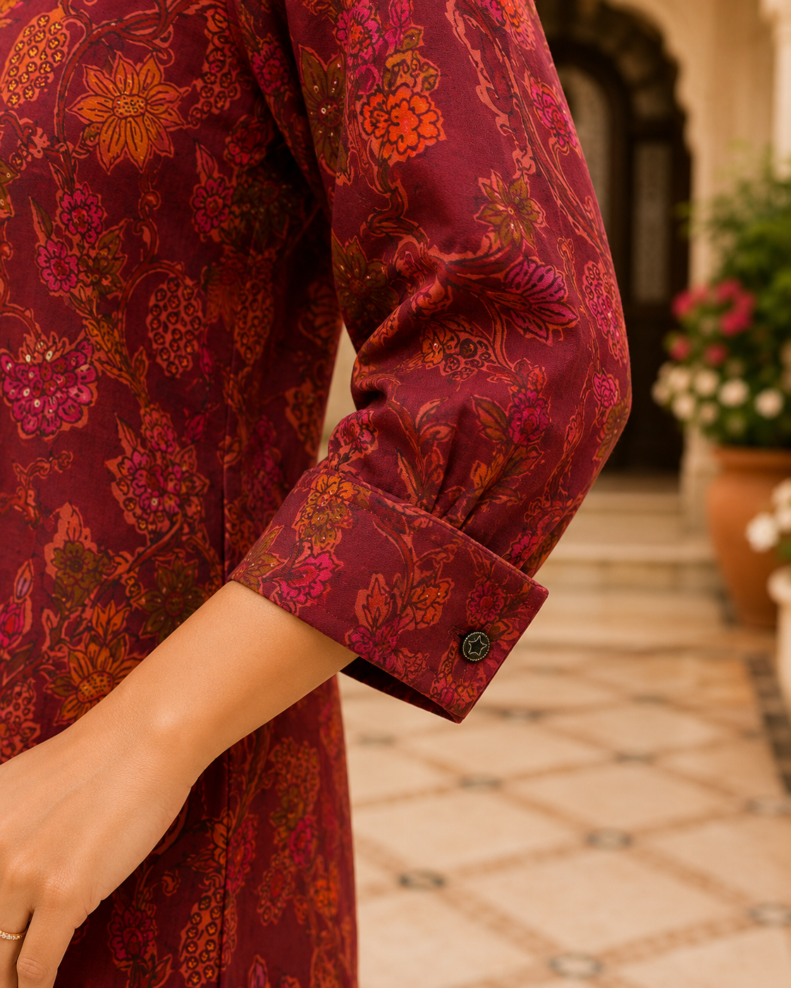 Gulnaar Burgundy Floral Printed Crepe Tunic