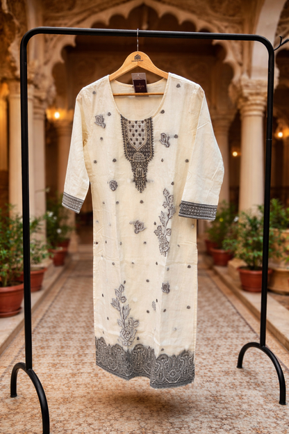 Off White Cotton embroidered Kurta Set