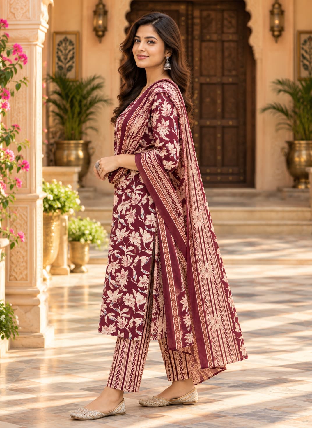 Three-piece maroon floral cotton kurta, pants and dupatta set for women
