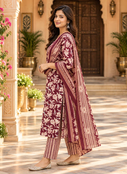 Three-piece maroon floral cotton kurta, pants and dupatta set for women