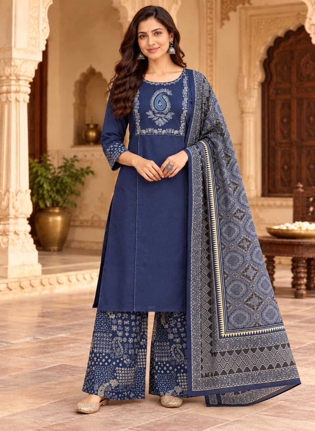 Noor indigo Ajrakh-inspired cotton kurta set with dupatta by Odhanibymann