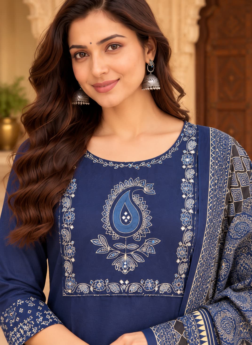 Printed palazzo and Ajrakh-inspired dupatta in navy, cream and blue