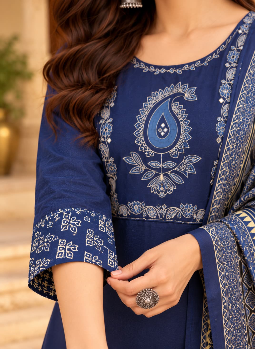 Three-piece indigo cotton kurta, palazzo and dupatta set for women