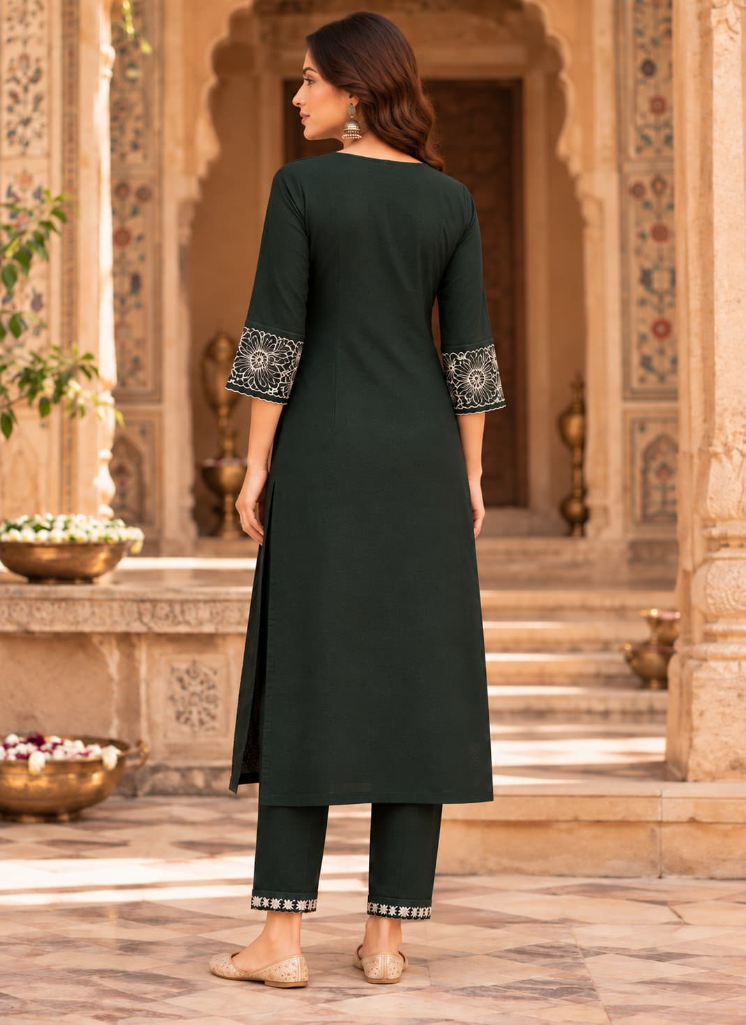 Coordinated dupatta with floral embroidered border in deep green