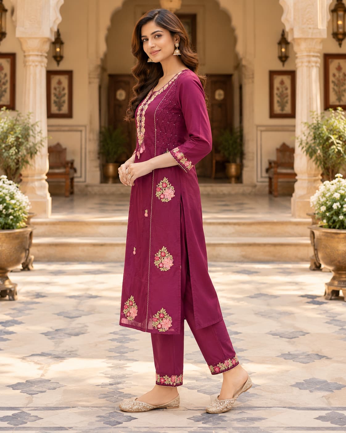Crushed wine dupatta with scattered motifs and scalloped edge