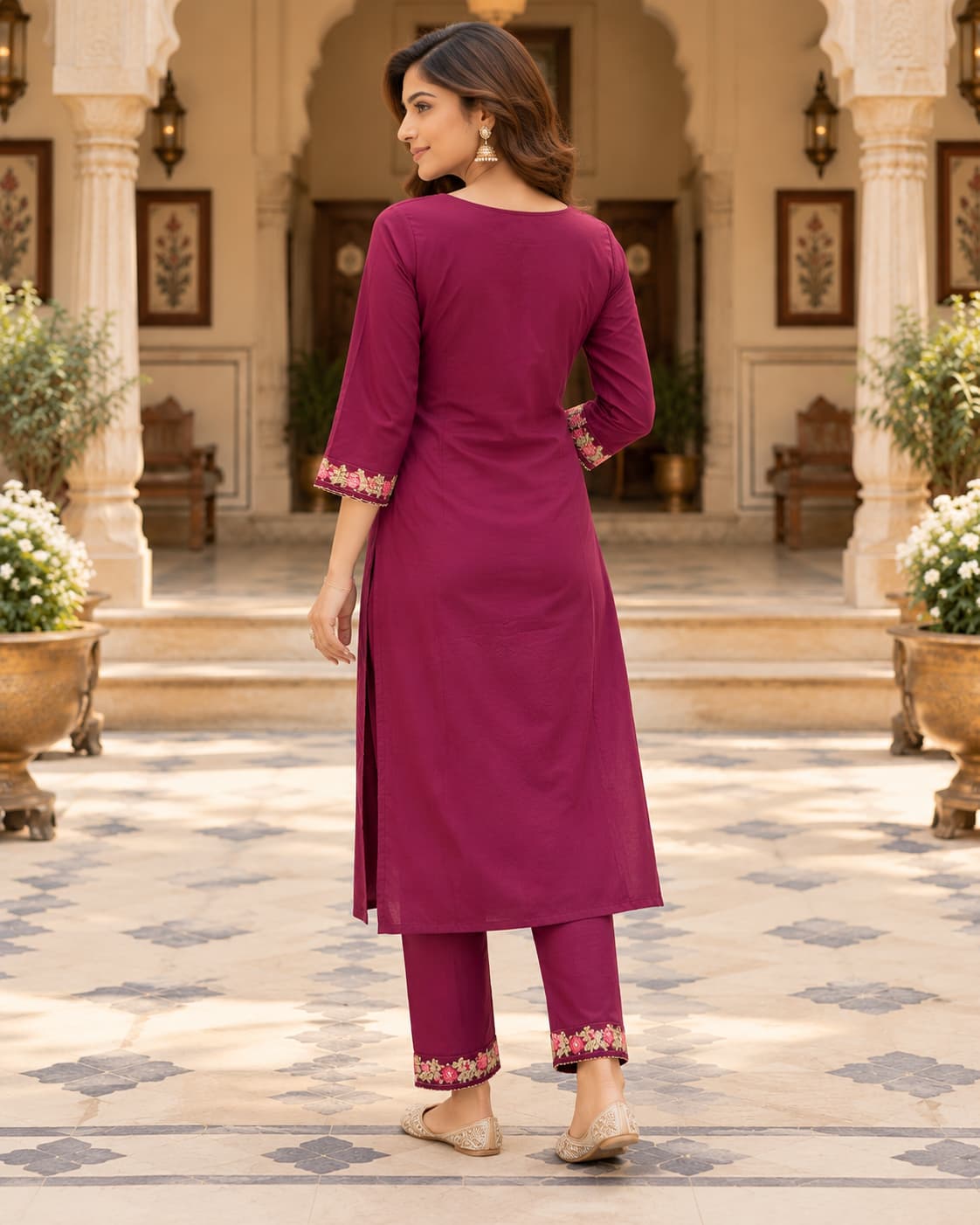 Three-piece berry wine cotton kurta, pants and dupatta set for women