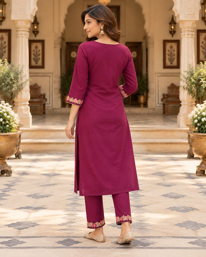 Three-piece berry wine cotton kurta, pants and dupatta set for women