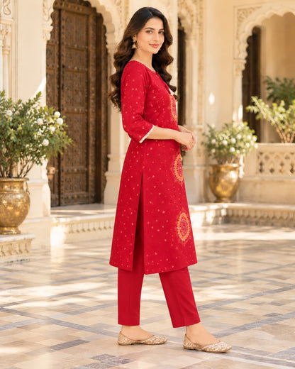 Laali Red Bandhani Mandala Cotton Kurta Set