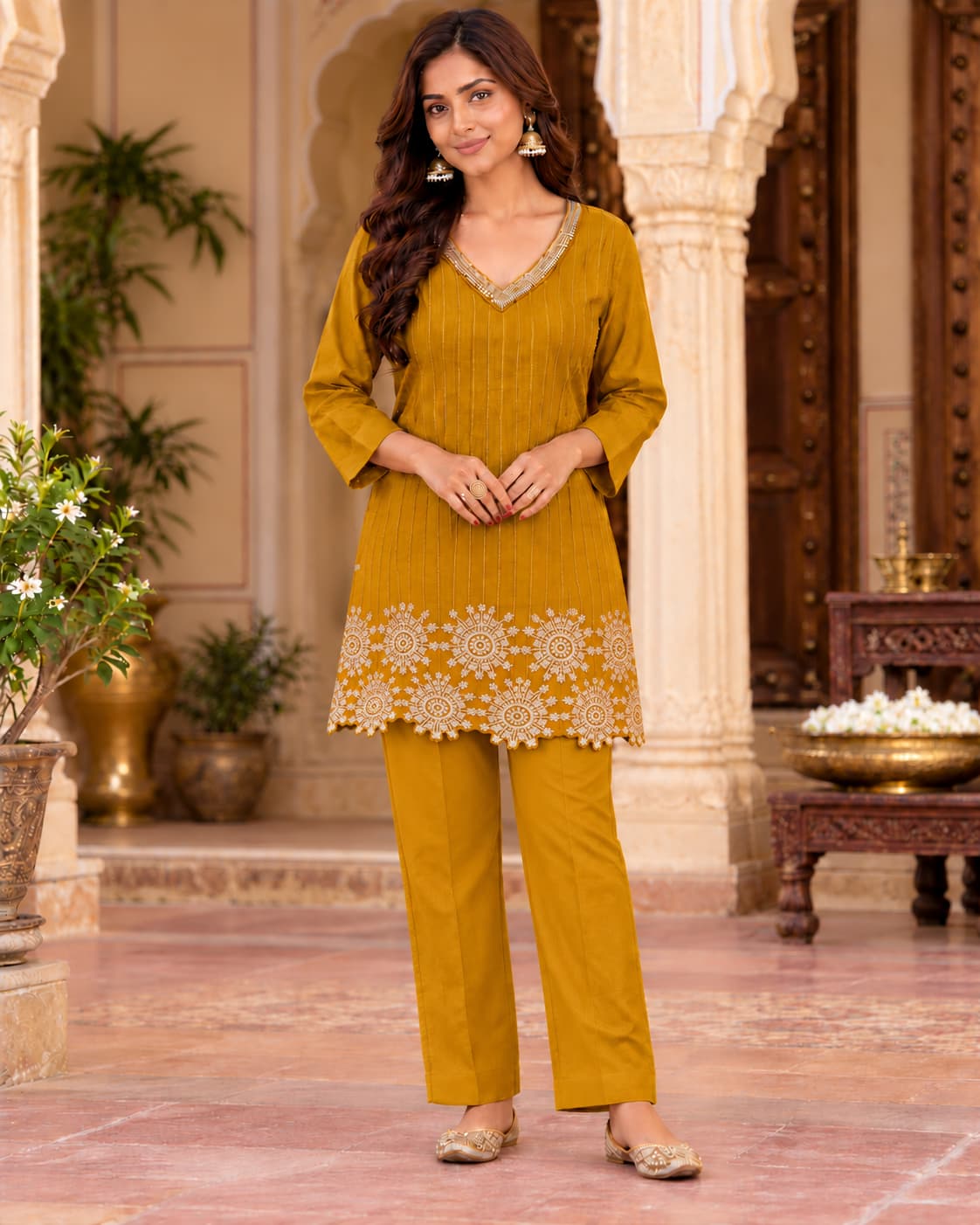 Two-piece mustard muslin kurti and pant co-ord set for women
