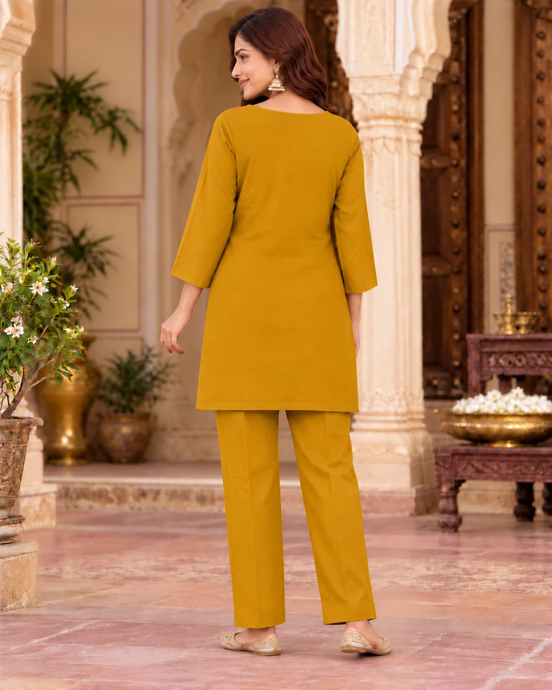 Mustard embroidered kurti and straight pants, full look