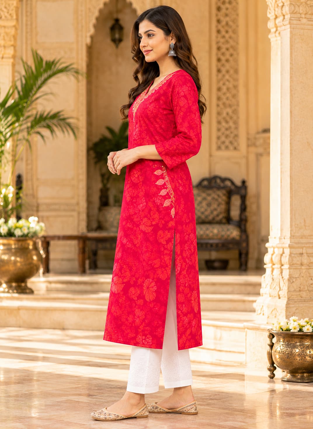 Gulrang Fuchsia Floral Embroidered Rayon Kurta