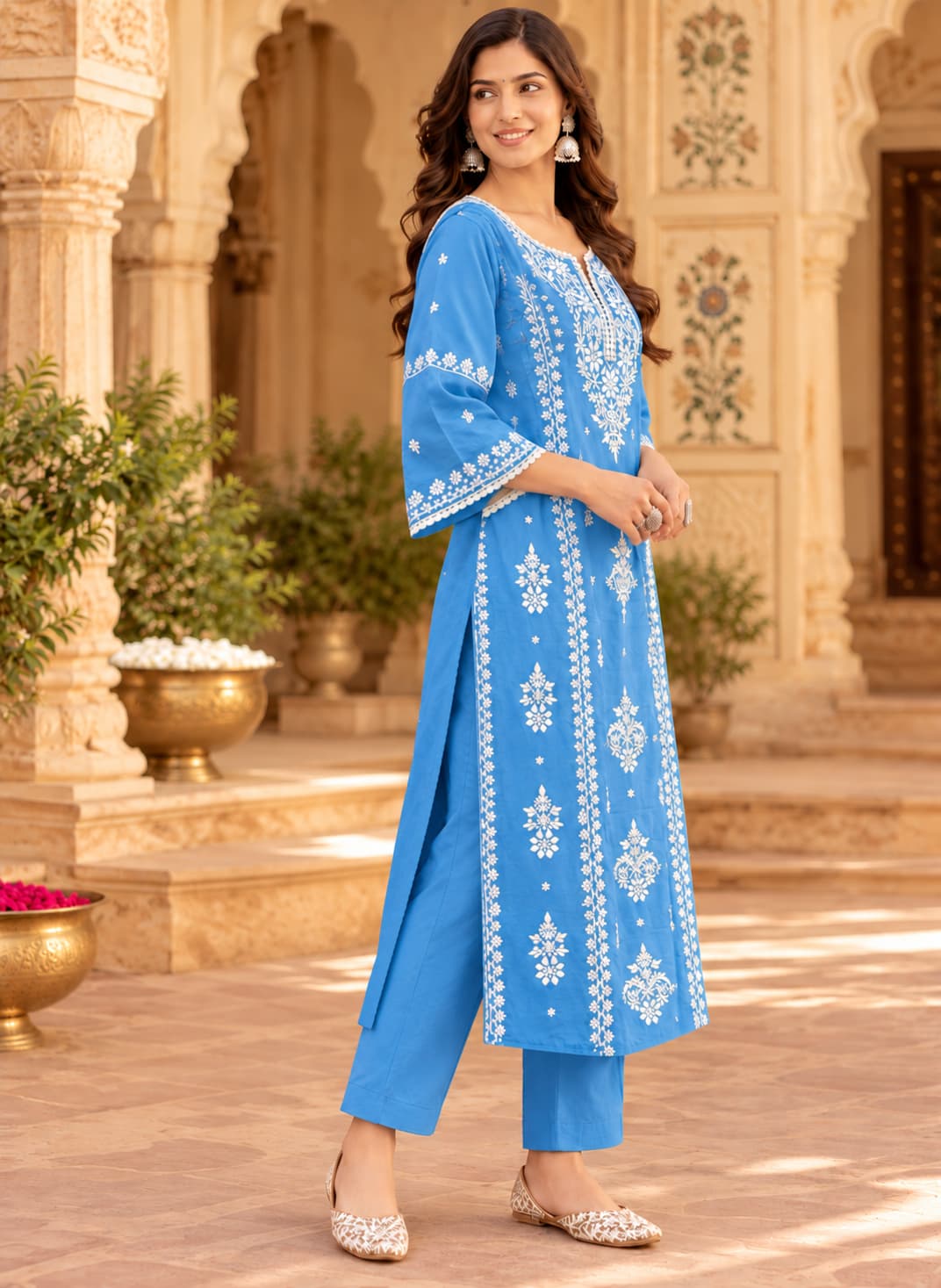 Three-piece powder blue cotton kurta, pants and dupatta set for women