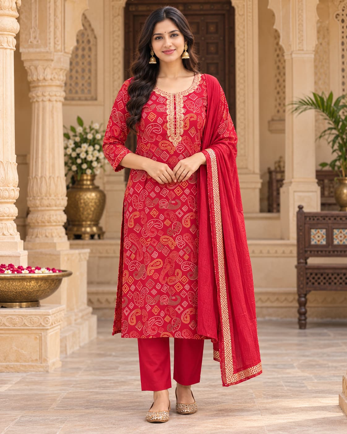 Red printed kurta with zari work on the yoke
