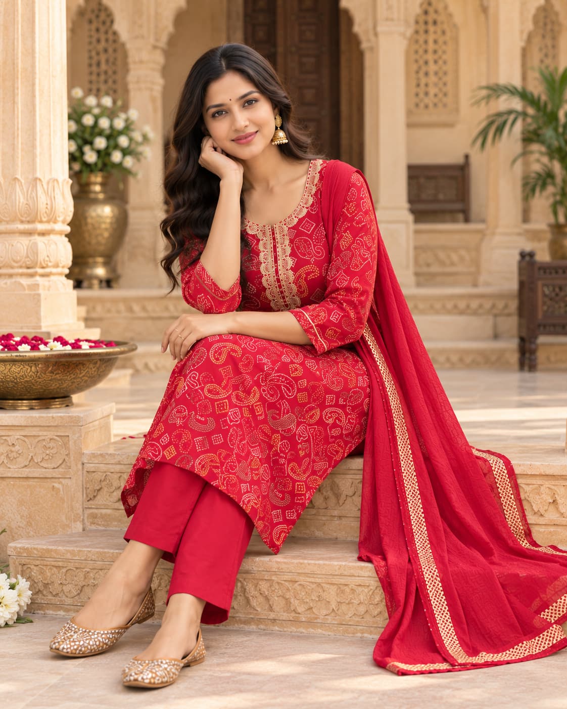 Red modal muslin zari work kurta set with dupatta by Odhanibymann