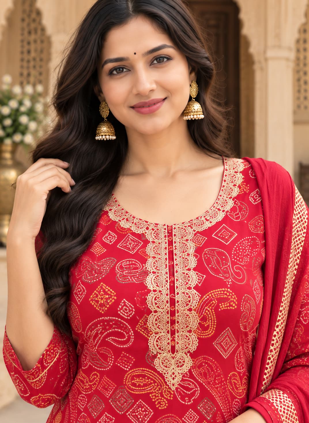 Zari yoke detail on a red modal muslin kurta