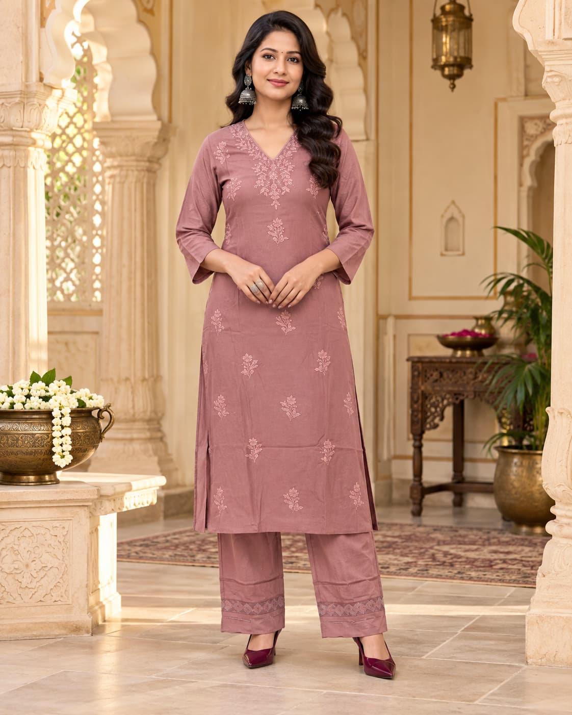 Two-piece pink chikankari kurta and pant set for women