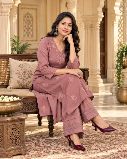 Pink chikankari embroidered kurta pant set by Odhanibymann