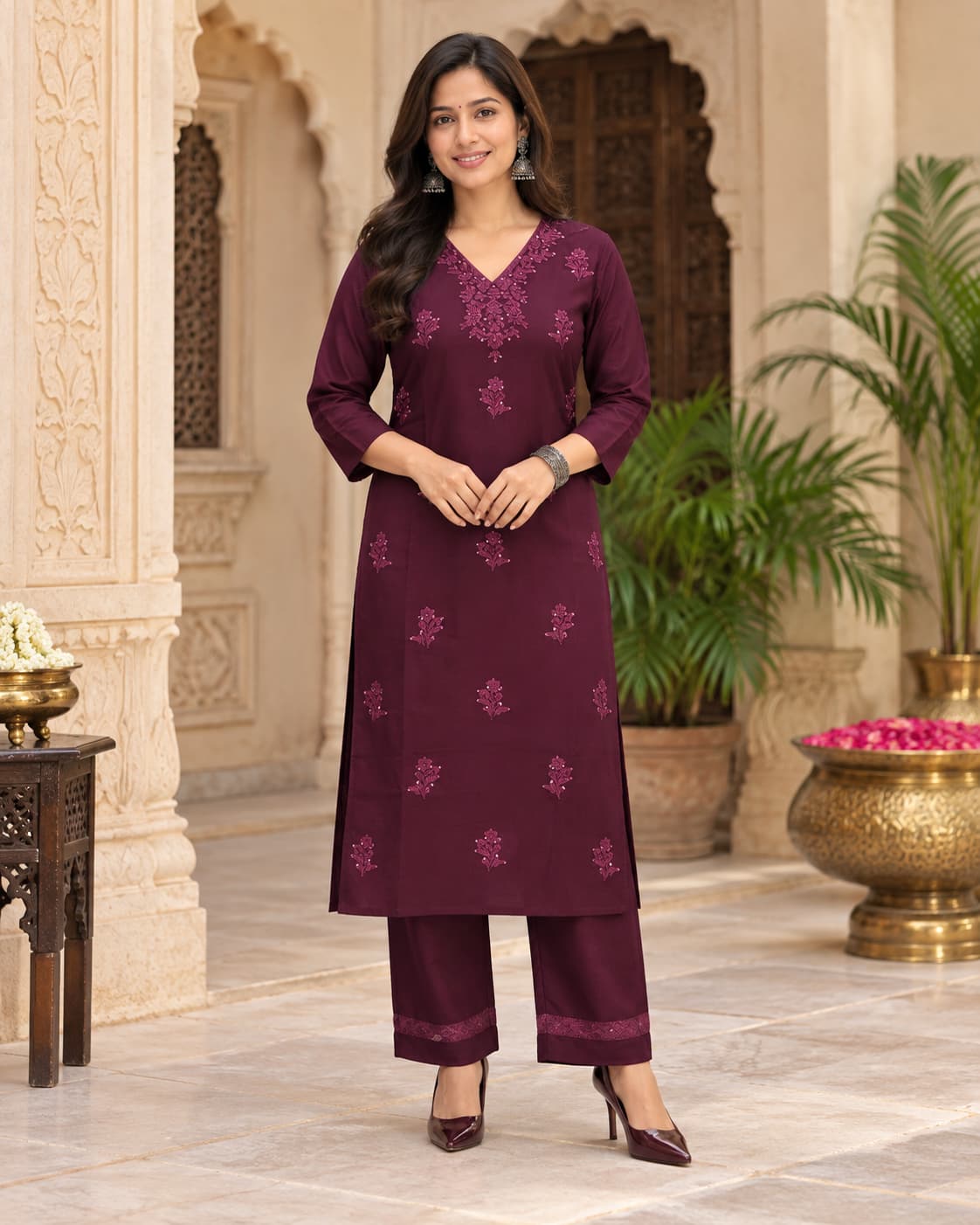 Wine chikankari embroidered kurta pant set by Odhanibymann