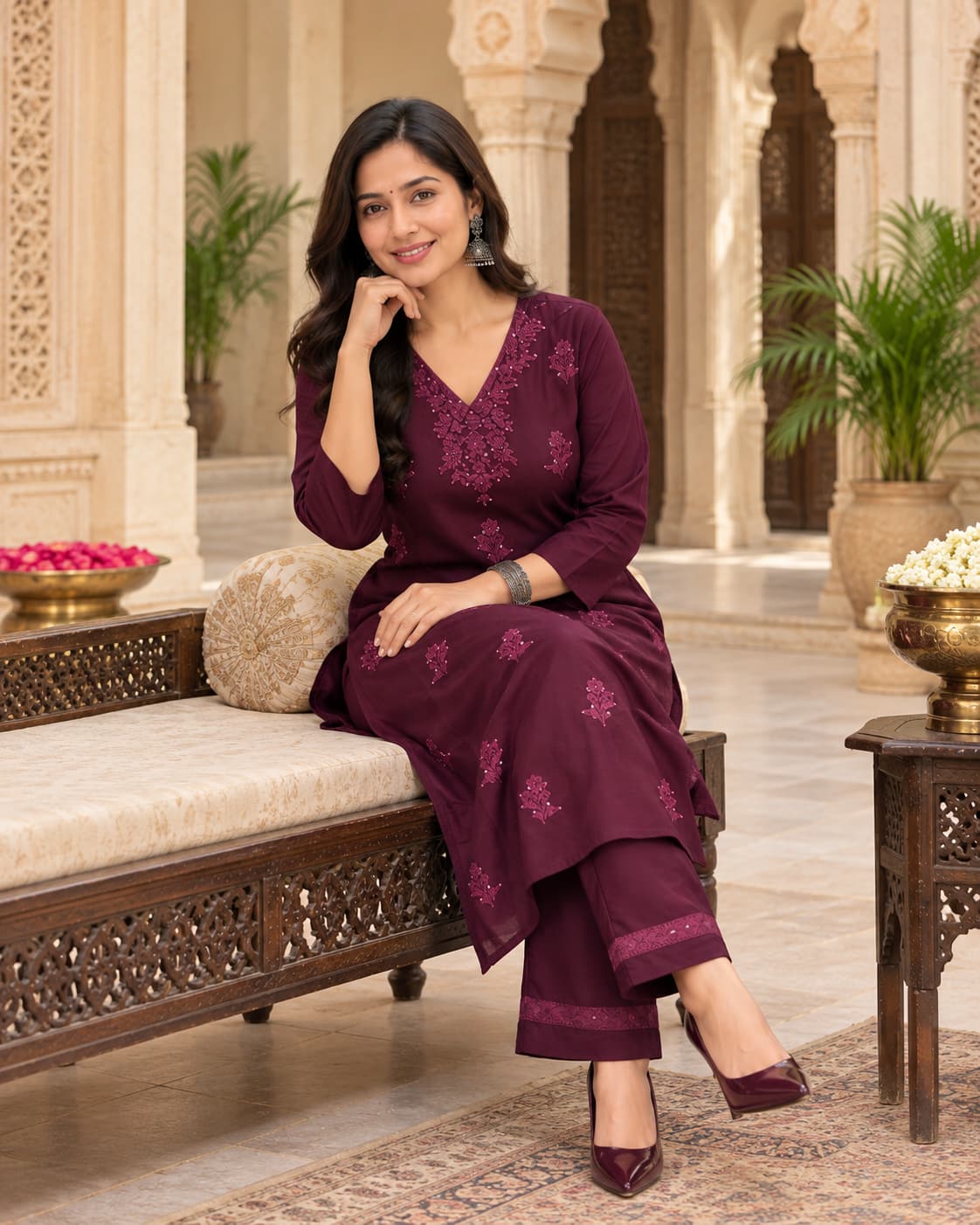 Wine rayon kurta with chikankari-style floral embroidery and V-neck
