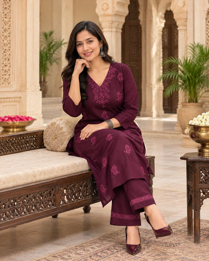 Wine rayon kurta with chikankari-style floral embroidery and V-neck