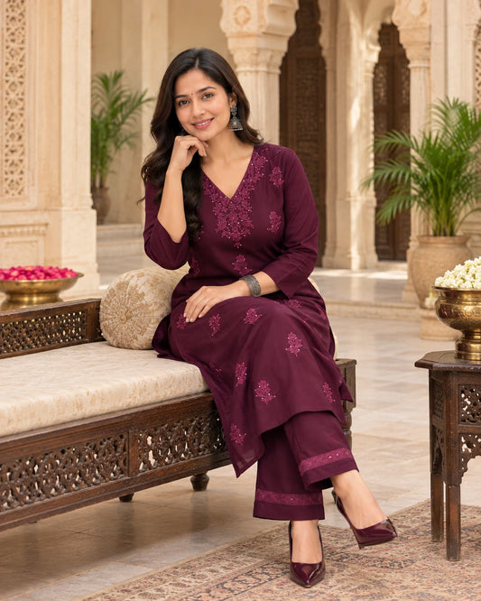 Wine rayon kurta with chikankari-style floral embroidery and V-neck
