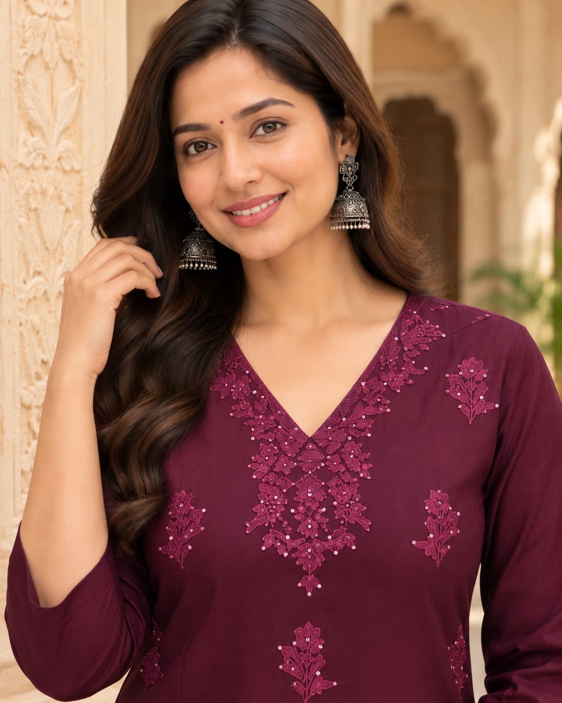 Two-piece wine chikankari kurta and pant set for women