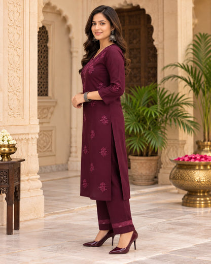 Three-quarter sleeve wine kurta with matching straight pants