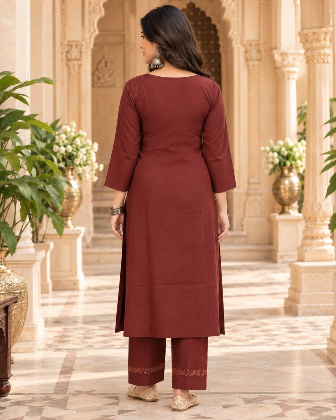 Chikankari-style floral embroidery detail on a coffee brown kurta