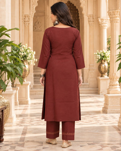 Chikankari-style floral embroidery detail on a coffee brown kurta