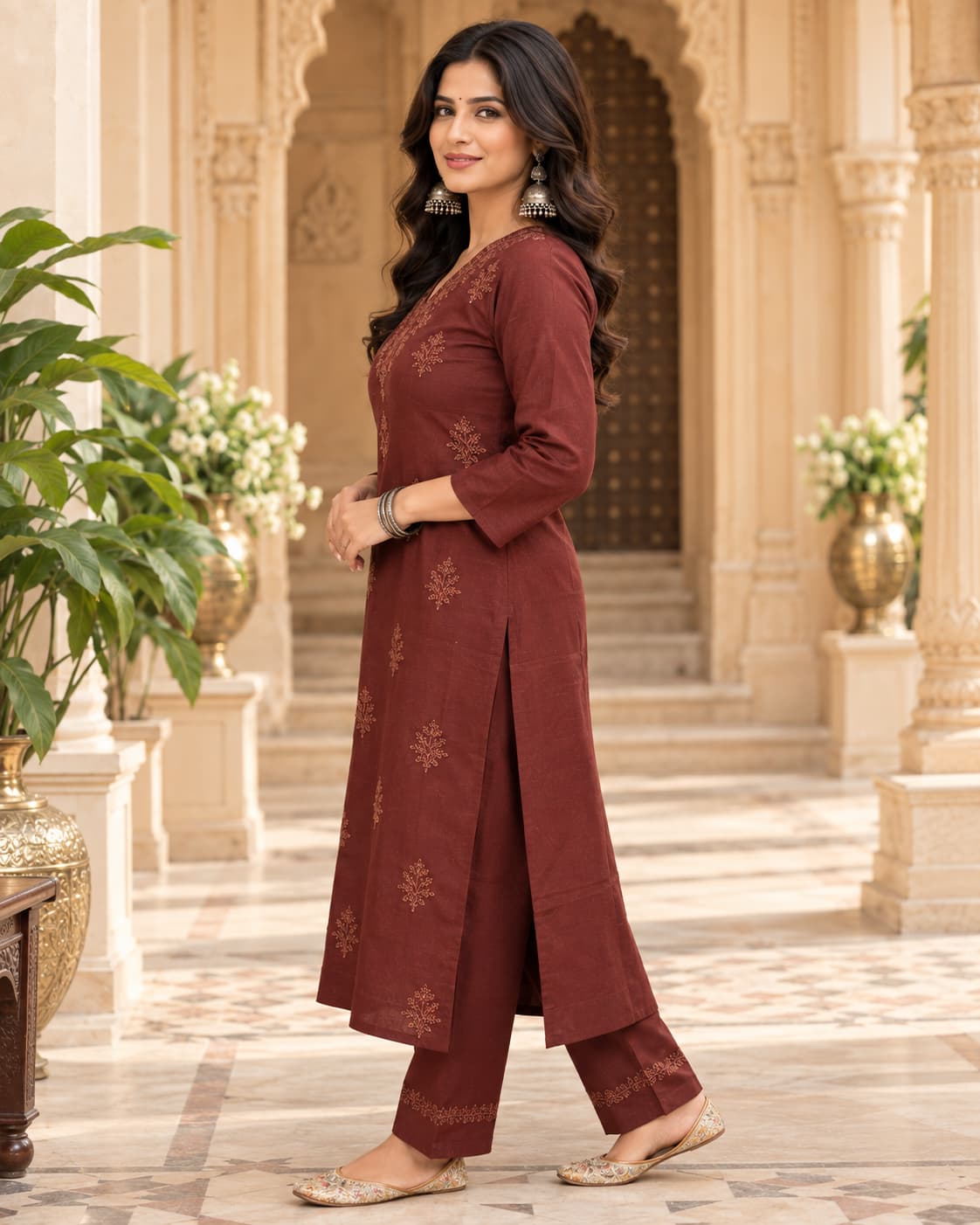 Three-quarter sleeve coffee kurta with matching straight pants