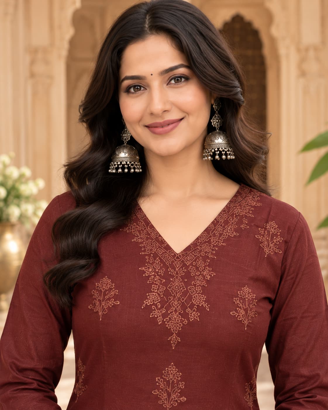 Two-piece coffee brown chikankari kurta and pant set for women
