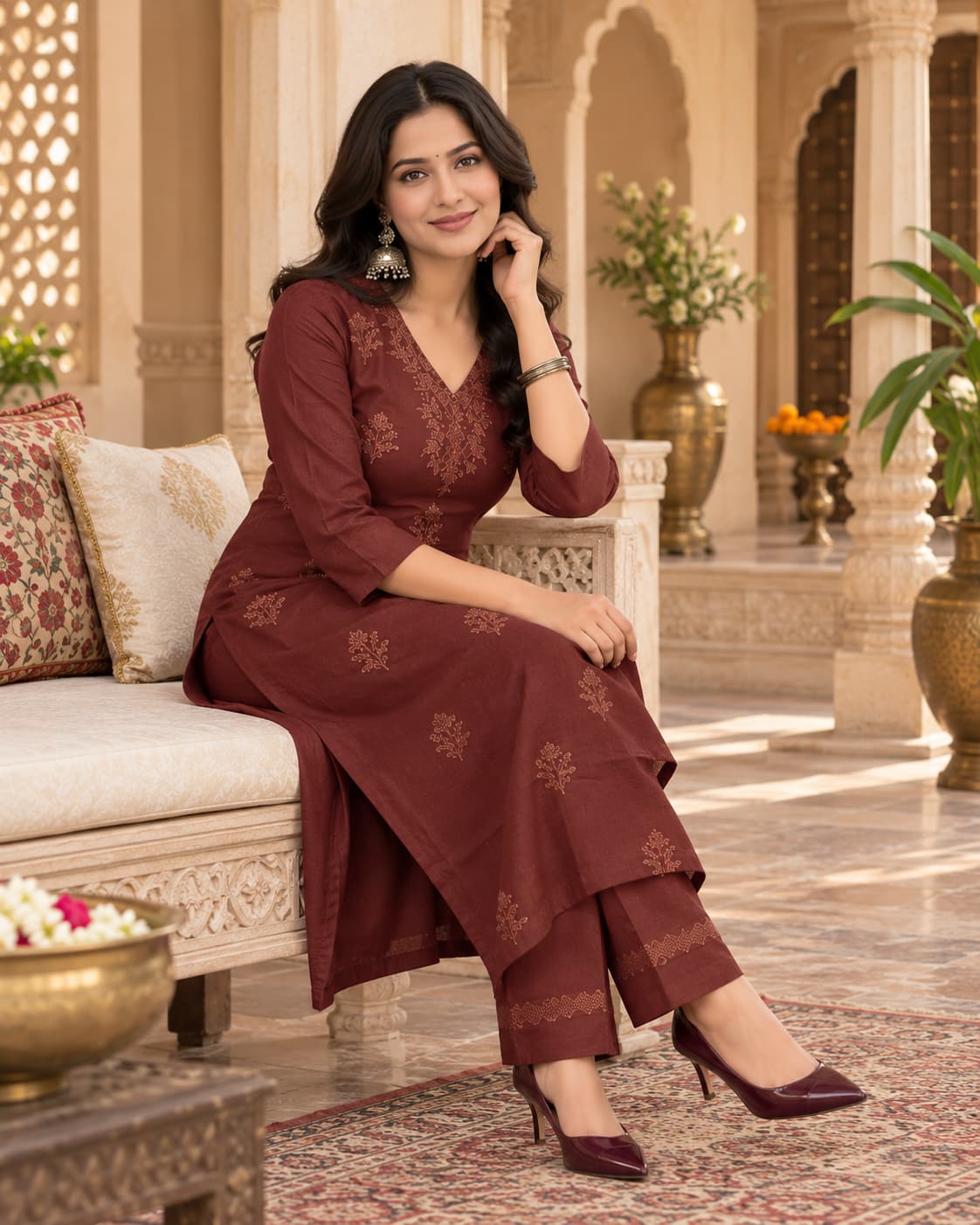 Coffee brown chikankari embroidered kurta pant set by Odhanibymann