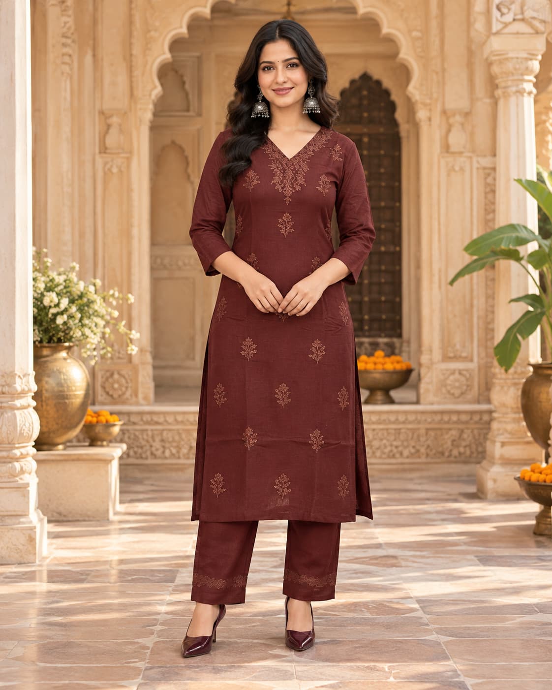 Coffee brown rayon kurta with chikankari-style floral embroidery and V-neck