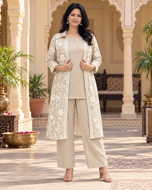 Aarohi beige cotton slub kurta set with embroidered shrug by Odhanibymann