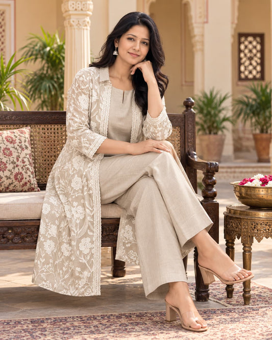 Sleeveless beige short kurti with matching palazzo
