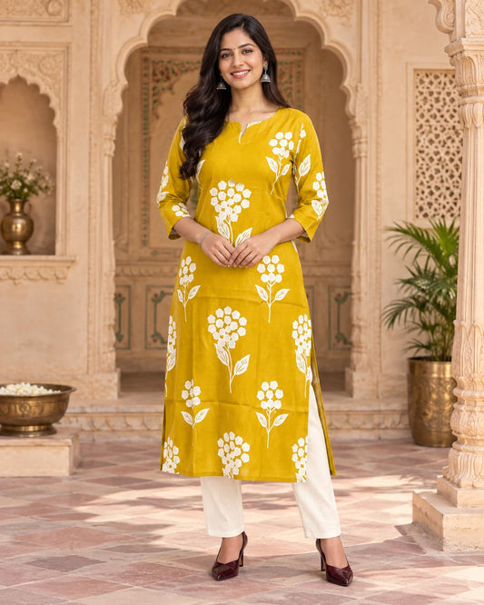Mustard floral embroidered kurta palazzo set by Odhanibymann
