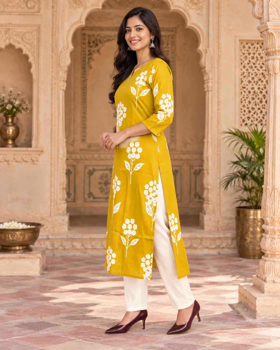 Mustard kurta set with flowy palazzo for office and haldi